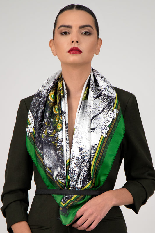 Peacock Feathers - Green - 100% Silk Scarf